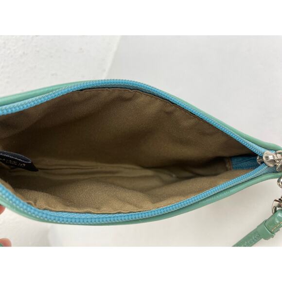 VTG Coach Wristlet Wallet Monogram Brown Canvas Teal Patent Leather Classic - Picture 7 of 9